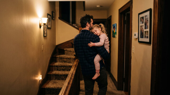 Tender scene of a father carrying his sleeping toddler daughter in pink pajamas through a warmly lit home hallway at night, evoking parenting and bedtime comfort.