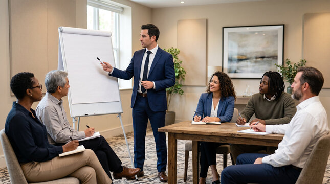 Confident businessman in a blue suit presenting beside a blank flip chart to a relaxed diverse group seated at a table in a well-lit meeting or workshop space.