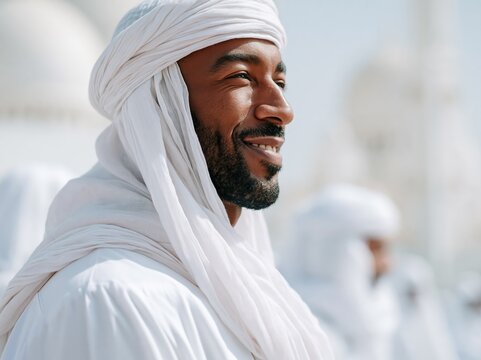 Smiling man in traditional white thobe and ghutra in the Middle East