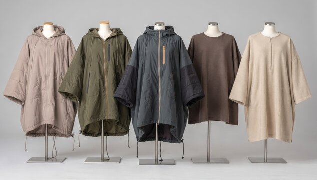 Medium shot of insulated ponchos on mannequins featuring loose casual outerwear silhouettes ideal for relaxed everyday wear in muted tones. Medium shot capturing sporty insulated