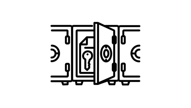Vector illustration of a secure safe deposit box and lock line icon with a minimalist flat outline design representing hotel room security and valuable property storage use.