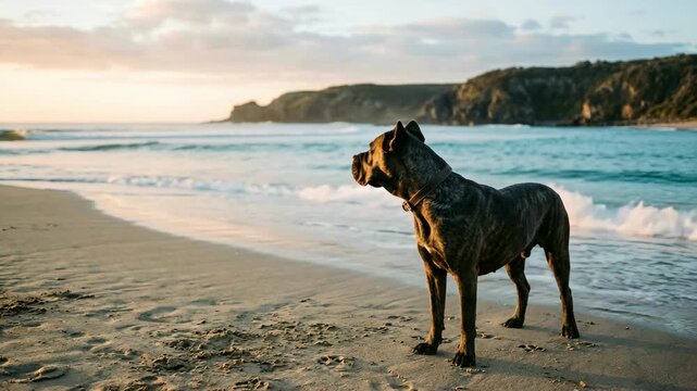 cane corso at beach morning light italian mastiff coastal italy video