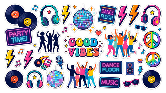 Colorful Vector Stickers of Music, Dance, and Celebration Elements on White Background
