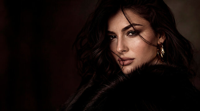 High-fashion editorial portrait of a beautiful female with intense gaze, messy dark hair, and glamour makeup, styled in premium winter fashion.