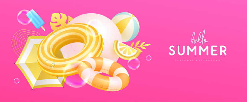 Hello summer poster or banner with yellow inflatable swim rings, beach ball, umbrella and soap bubbles on pink background. Vector Illustration