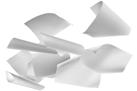 Set white paper flying, sheet falls and twists isolated on white, clipping path, design element