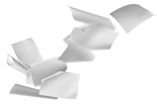 Set white paper flying, sheet falls and twists isolated on white, clipping path, design element