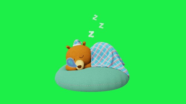 Cute sleeping teddy bear resting under cozy blanket on soft pillow with dream animation on green screen chroma key