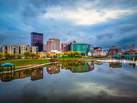 Dayton, Ohio, USA downtown cityscape on the Miami River
