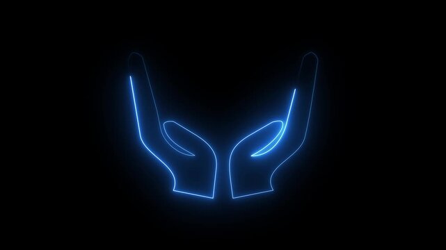 Blue neon open hands icon cupped together symbolizing care and protection on black background.