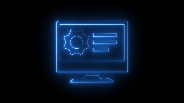 Blue neon computer screen settings icon with gear cog and dashboard menu on black background.