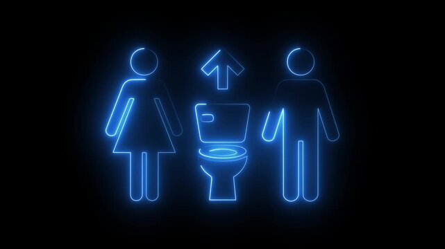 Blue neon restroom sign icon with glowing male female toilet symbols and up arrow.