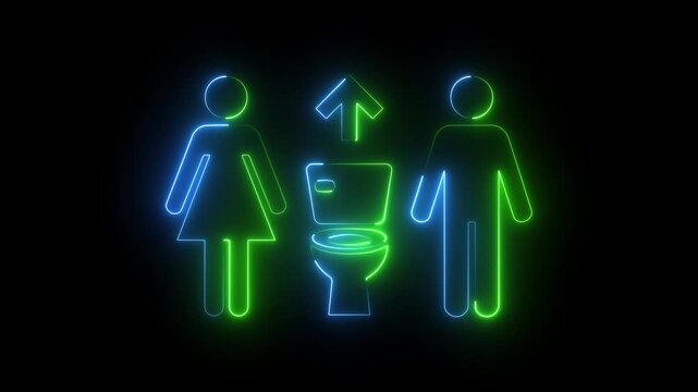 Neon restroom sign with glowing green and blue male female icons toilet and arrow.