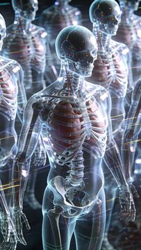 Vertical video: Looping clear torso rotating, revealing skull ribs lungs spine in lab for study
