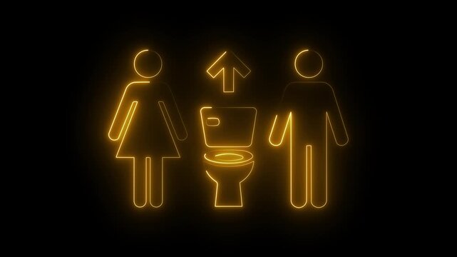 Neon restroom sign with glowing yellow male female icons toilet and direction arrow.