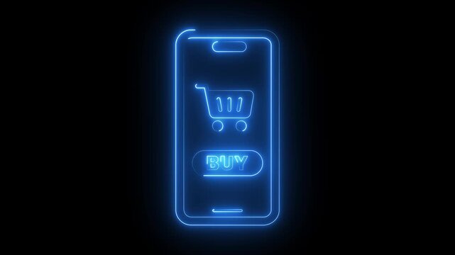 Blue neon smart phone icon with glowing shopping cart and buy button for mobile commerce.
