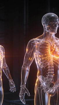 Vertical video: Panning cam showing skeleton model pulsing heart, glowing pathways in lab for study