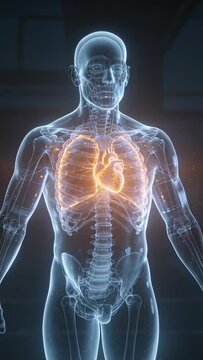 Vertical video: Pulling back showing torso pulsing heart and glowing vessels in studio for study