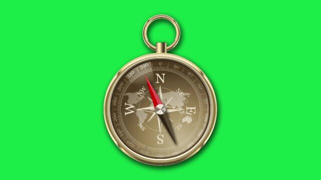 Vintage compass with world map on green screen background for chroma key animation seamless loop editing creators