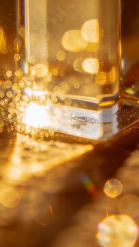 Vertical video: Catching bright sun, crystal prism casting starburst and rainbow on textured table