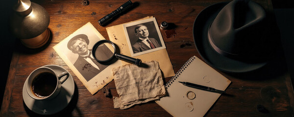 Obraz premium Detective wooden table with scattered evidence papers, photos, magnifying glass, hat, flashlight, coffee cup. Mystery, investigation elements laid out for complex case. Scene suggests noir
