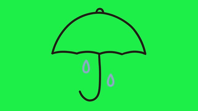 Cute umbrella with raindrops icon on green screen background for chroma key animation seamless loop editing