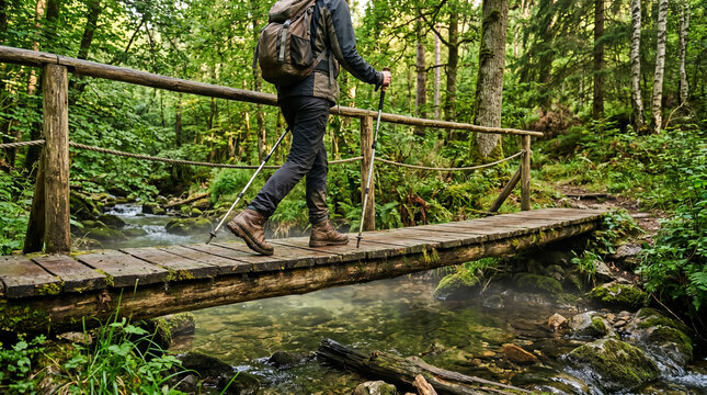 Male hiker with trekking pole and backpack stepping across a narrow wooden plank bridge over a clear forest stream, great for outdoor adventure and hiking recreation content.