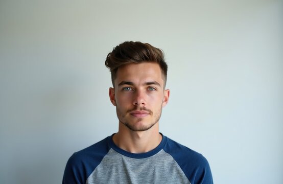 Young man with styled hair and blue eyes looks directly forward against a plain wall. He wears a grey and blue raglan shirt, exuding confidence and individuality. His facial hair is neat.