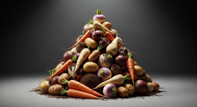 A large pile of freshly harvested, earthy root vegetables suitable for long-term storage in a cool, dark cellar environment, celeriac, tubers, basement