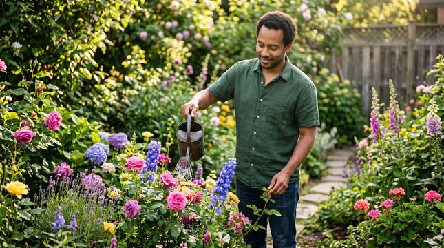 Smiling Black man watering a beautiful rose and delphinium garden border in a lush green backyard, perfect for gardening lifestyle and outdoor hobby content.