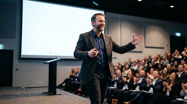 Male speaker on a conference stage with blurred face gesturing to a large blank screen while applauding audience members look on, ideal for business presentation and leadership content.