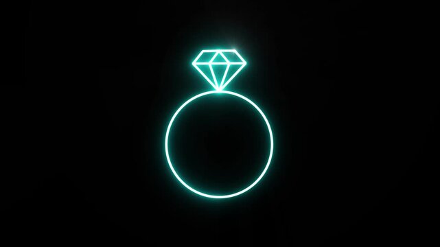 Neon engagement ring with diamond shines bright on black background, perfect for background animation and wallpaper graphics.4k video.