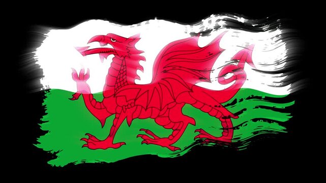 Waving torn Wales flag grunge brush burn light leaks, transparent background alpha channel loop full HD