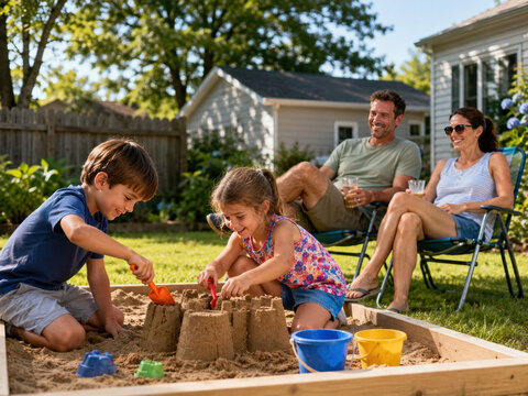 Children building sandcastles during affordable family staycation at home