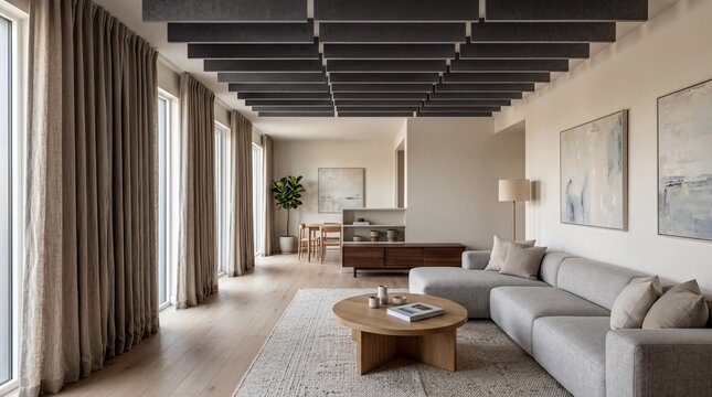 interior design concepts, a serene contemporary living room with soft ceiling baffles and rich drapes