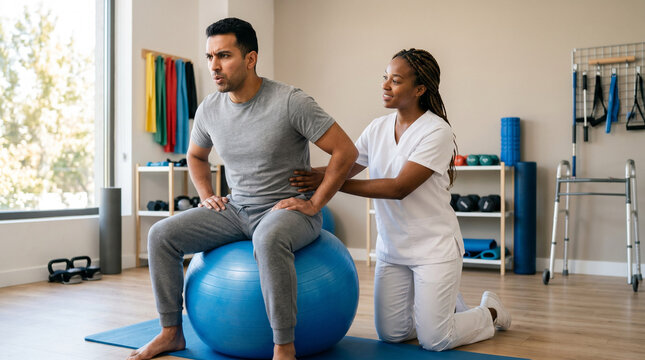 Male patient seated on a therapy ball receiving core stability treatment from a female physiotherapist in a modern rehabilitation clinic with colorful resistance bands.