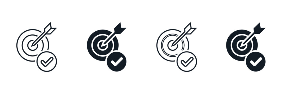 Target achievement icon set, goal success and completed mission symbols, business objectives, productivity milestones, vector illustration.