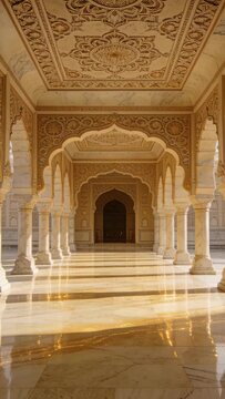 Vertical video: Recording camera gliding forward and up colonnade, revealing columns and doorway
