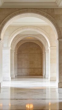 Vertical video: Pushing camera revealing stone arcade and floor reflection in hall, showing depth