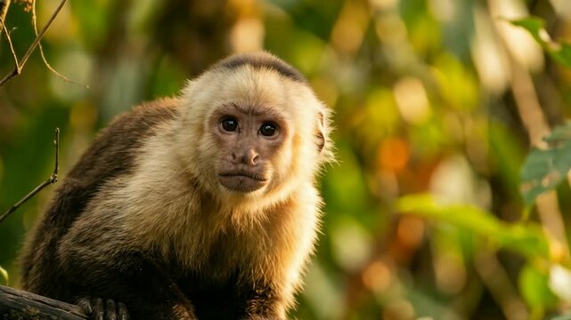 capuchin monkey close up at golden light in amazon rainforest south america video