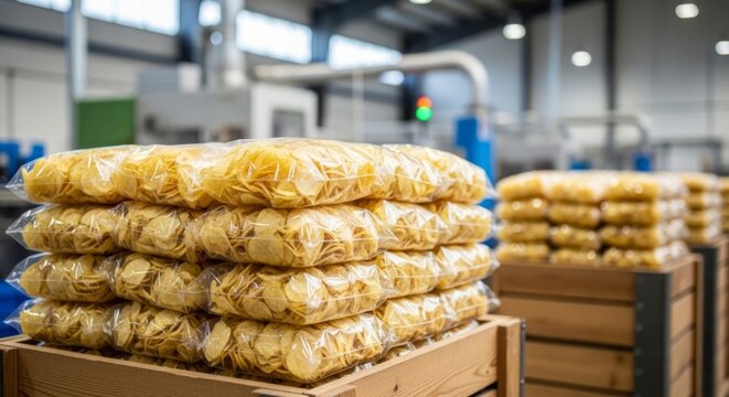 Stacks of bagged potato chips in clear packaging inside wooden crates in a bright, clean factory setting, organized production.
