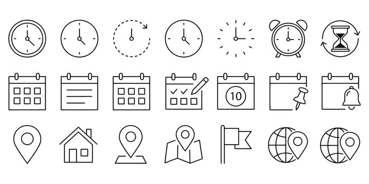 Time date address icon set, calendar, clock, gps point, flag marker, globe location symbols with hourglass, pin and stopwatch vector illustration