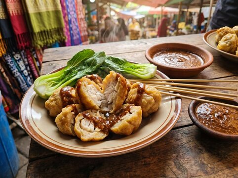 Delicious Indonesian Batagor served with peanut sauce and fresh greens, a popular street food dish