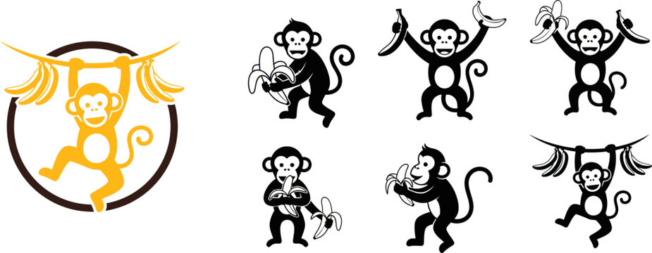 Monkeys are playing and hanging around a circular design with one monkey highlighted in yellow.