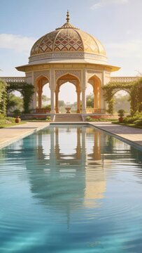 Vertical video: Ripples starting at pool center moving across pool in garden, distorting pavilion