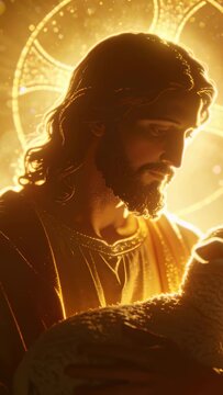 Vertical video: Cradling man in gold robe calming lamb as rim light rising at altar, halo glowing