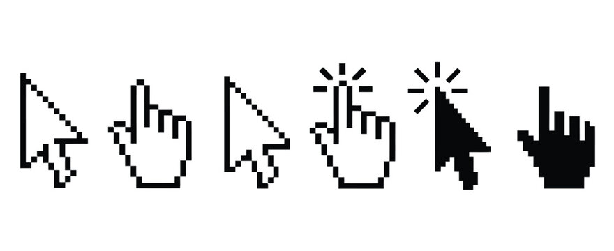 Cursor icon set, colorful mouse pointers, pixel arrow, hand click symbols, classic computer cursor designs, vector illustration.