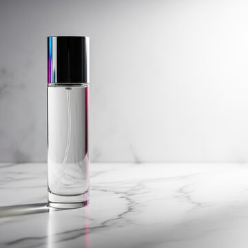 A sleek glass perfume bottle resting on a white marble surface with soft reflective light, highlighting luxury, elegance, and purity, hygiene, stone, makeup