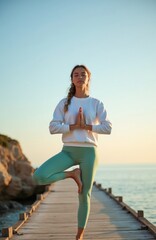 Fototapeta premium Young woman does yoga tree pose on wooden pier by sea. Female balances with closed eyes in sportswear. Outdoors nature scene, ocean horizon, calm water, sky.