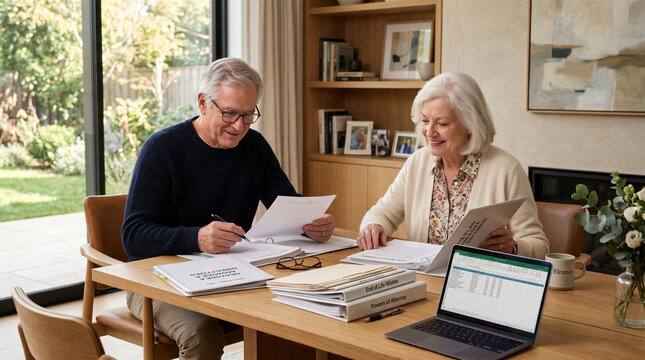Elderly Couple Managing Finances: A happy elderly couple sit at a wooden table, reviewing documents and using a laptop to manage their finances at home.